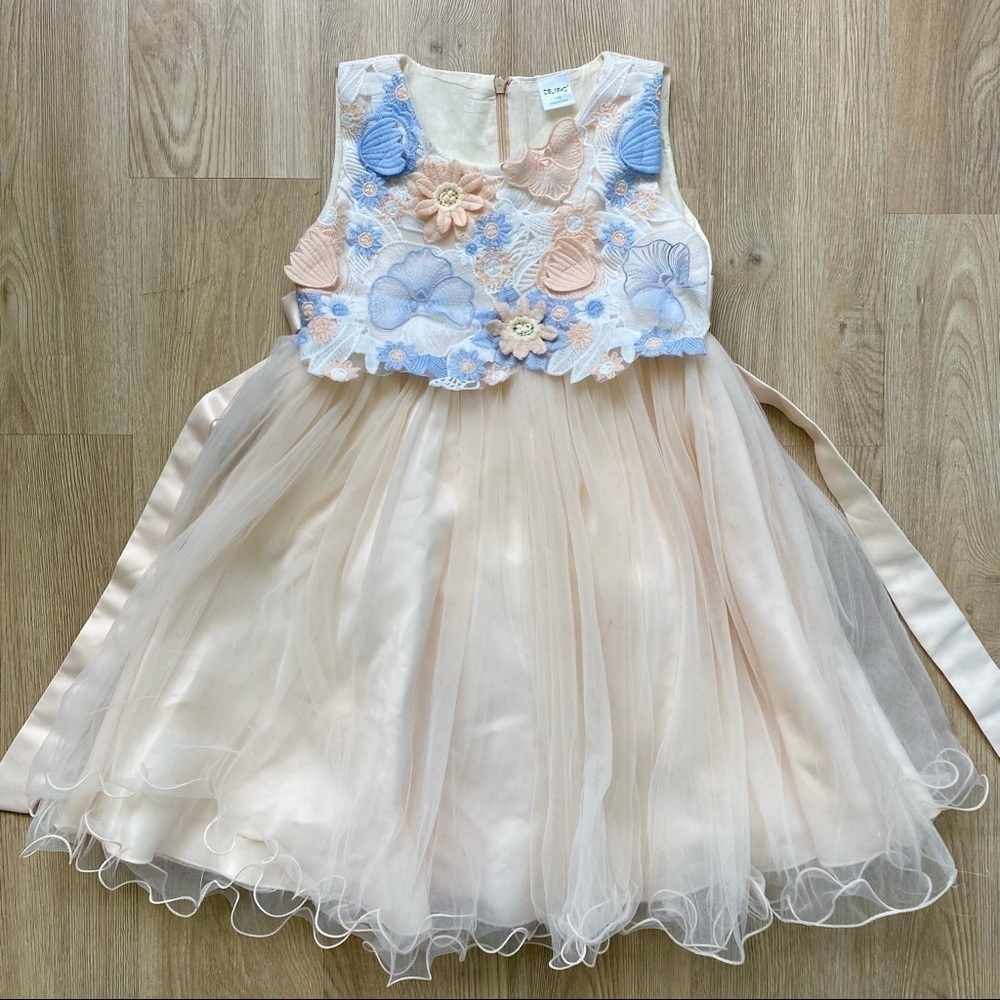 Cielarko Peach & Blue Butterfly Flower Tulle Dress, Satin Top, Size 130 (6/7 Y)